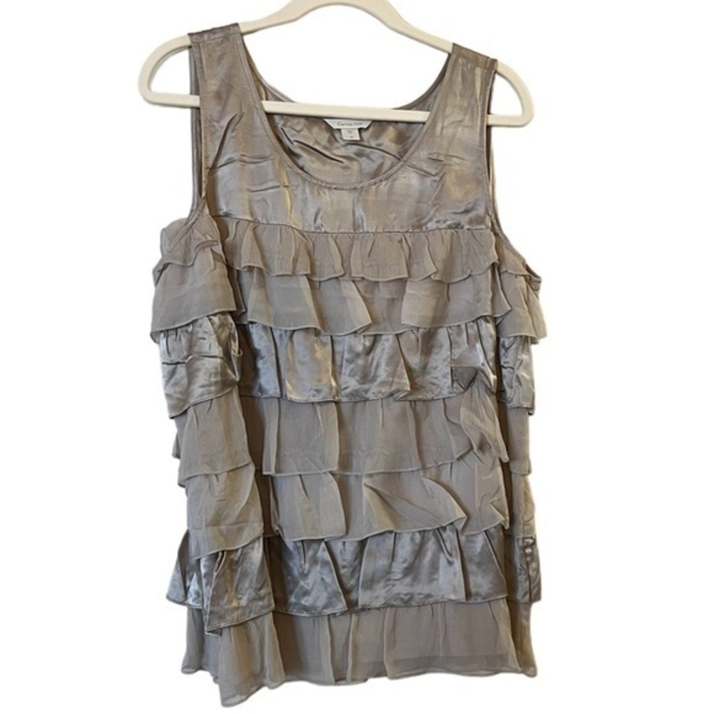 Garnet Hill 100% silk tiered ruffles sleeveless top, silvery taupe gray